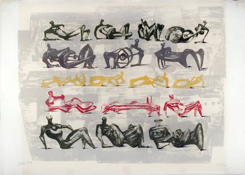 A photo of a lithographic print, showing 17 abstract reclining figures in olive green, grey, yellow and red tones, against a buff / grey background