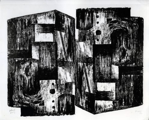 A photograph of a dramatic lithograph printed in black. The print is of an abstract square form, which looks 3D