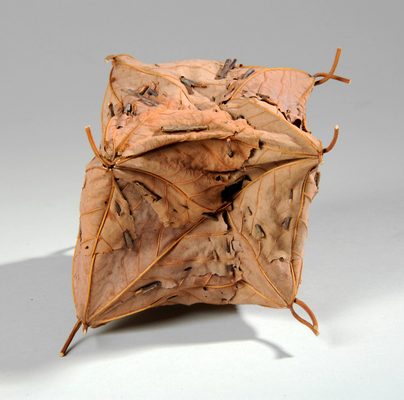A sculpture made from several brown leaves woven together to make a cube shape.