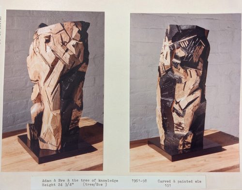Two photos side by side showing different angles of an abstract sculpture by Anthony Hatwell. The sculpture is a roughly carded block of wood, with some surfaces and notches painted black.