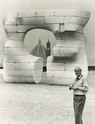 Henry Moore photographing a polystyrene model of Large Square Form with Cut 1969-71 in preparation for his major exhibition in Florence in 1972. Photo: Marchiori