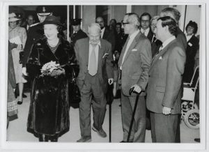 A black and white photo showing Her Majesty Queen Elizabeth II and Henry Moore at the opening of The Henry Moore Centre for the Study of Sculpture on 26 November 1982