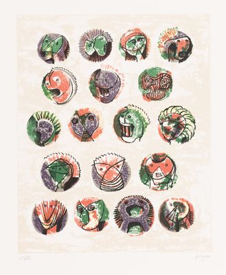 A colour lithograph depicting five rows of abstracted heads which resemble archaic Greek helmets