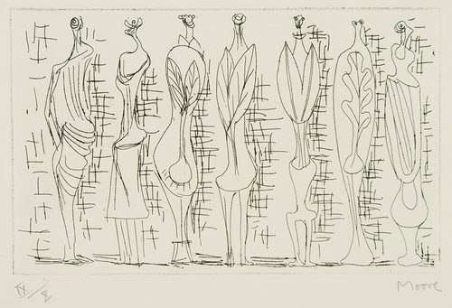 A photo of an etching in black, depicting a row of standing figures in leaf like shapes
