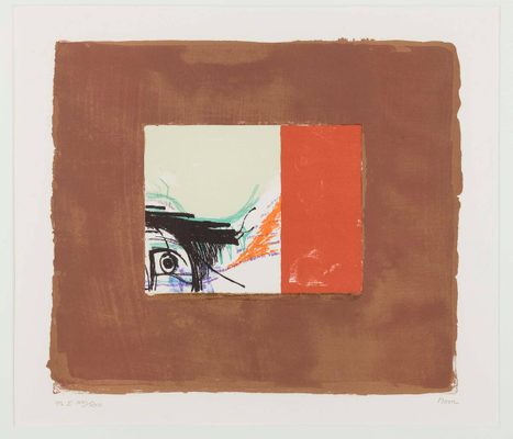 A print by Henry Moore, featuring the corner of a helmet, with one eye showing through a slit, framed in the bottom-left corner.