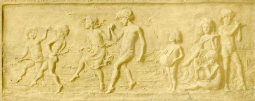 Relief sculpture of eight children, four of whom are dancing, while the others play instruments.