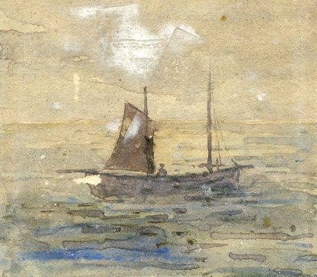 Watercolour painting of a small sail boat, done in soft blues and browns on cream paper.