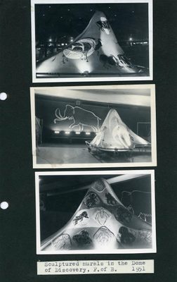 Three black and white photos of a dome-shaped sculpture, which is covered with drawings of insects on one side and cave painting style drawings of wildebeest on the other. In the background of the central photo there is a large outline drawing of a mammoth on the wall behind.
