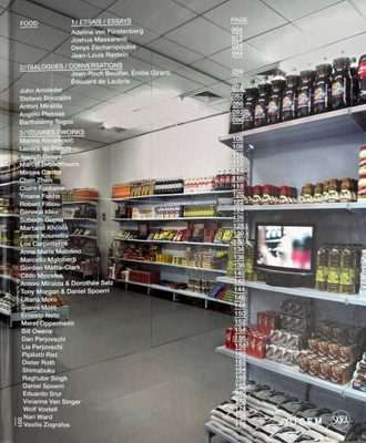 Cover of the book Food, featuring a photo of supermarket shelves as the cover, with a list of essays, conversations and works on top.