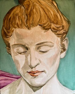 Painted portrait of a white woman with auburn hair and eyebrows, with her eyes cast down and her hair tied up in a bun on top of her head.