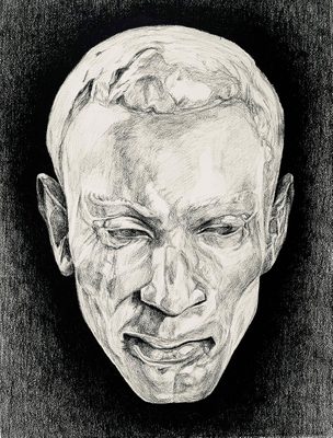 Black and white pencil drawing of the head of middle-aged man.