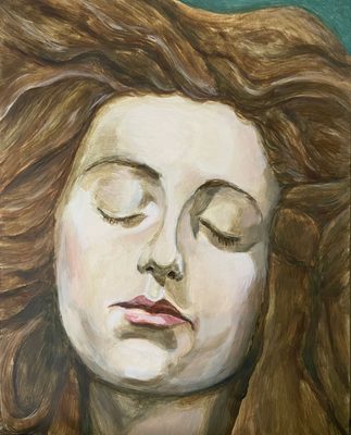 Painted portrait of a white woman with brown hair and eyebrows, with her eyes cast down or closed.