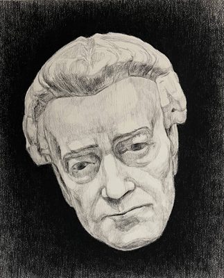 Black and white pencil drawing of the head of middle-aged man wearing a judges wig.