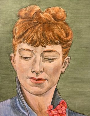 Painted portrait of a white woman with auburn hair and eyebrows, with her eyes cast down and her hair tied up in a bun on top of her head. She is wearing a blue shirt, decorated with a red flower attached to the collar.