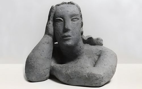 Black and white photo of a terracotta sculpture of a woman's head, shoulders and arms. Her left arm is folder in front of her; her head, though upright, rests lightly against her right hand.