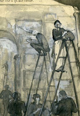 A roughly sketched painting in black and white on cream paper, depicting two people on ladders painting a wall, with other people below.