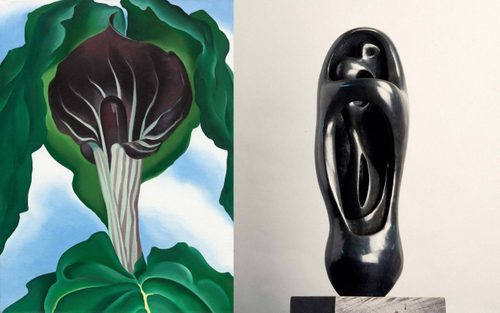 Side-by-side comparison of a painting by Georgia O'Keefe of a black-and-white striped, trumpet-like flower, next to a black sculpture by Henry Moore of a standing figure encased in an oval 'shell'. The two artworks bear some striking similarities.