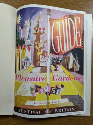 Colourful illustration in a book for the Festival of Britain. It features a large red flag with the word 'guide' on it, and a centaur, towers, the sun, moon and stars behind.