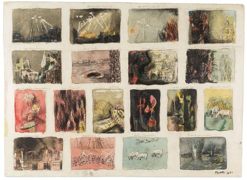 A single page divided into eighteen sections, each one illustrating an aspect of war, such as night-time bombings of a city, buildings on fire, and planes flying overhead.