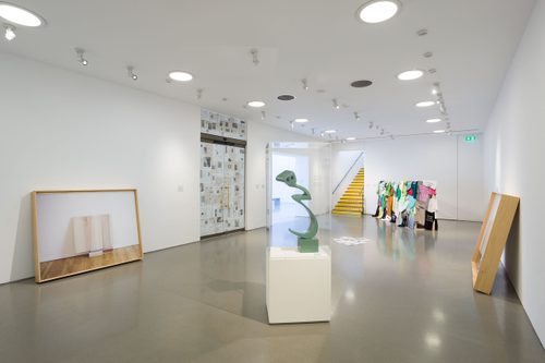 Installation view of 'The Weight of Words' exhibition, showing works in Gallery 1 by Leslie Hewitt, Mark Manders, Parviz Tanavoli, Bhanu Kapil, and Shanzhai Lyric.