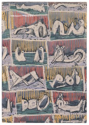 An illustrated textile design featuring repeating, abstract, reclining figures.