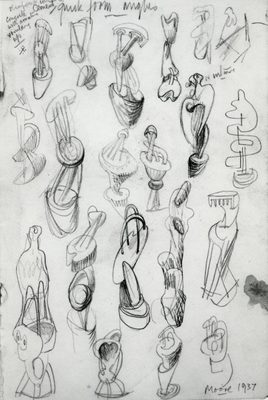 A black and white scan photo of a sketchbook page, the page is covered with ideas for abstract sculptures