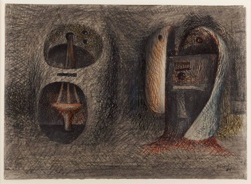 Two side by side sketches of abstract armoured heads, appearing more alien or robotic than human.