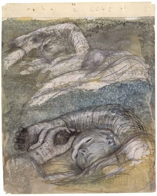 Two sketches of a person sleeping with their arms raised behind their head. It has been made using pencil, black pen, and blue and yellow watercolour wash.