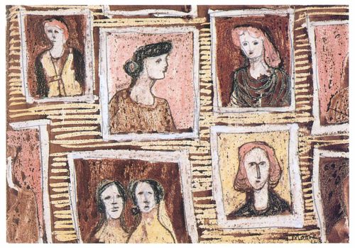 A single sheet with several portrait drawings of women on it, arranged as though they were picture frames on a wall. It is coloured in shades of yellow, pink and brown.