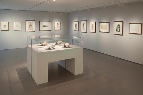 Four open sketchbooks in perspex display cases. On the walls behind there are several framed drawings of people.