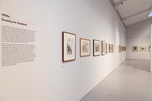 A gallery with several framed drawings of the human figure hung on the walls. A text display panel reads '1930s: Drawing for Sculpture'.