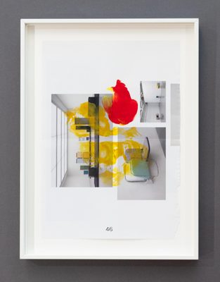 Collage of art exhibition photos with yellow and orange paint splotches on top, in a white frame.