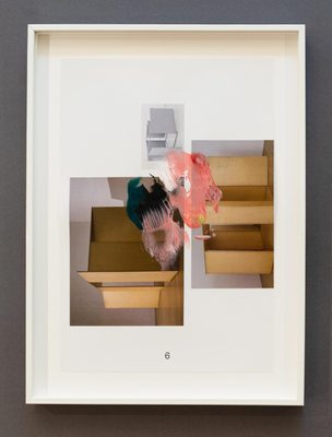 Collage of art exhibition photos with pink and black paint splotches on top, in a white frame.