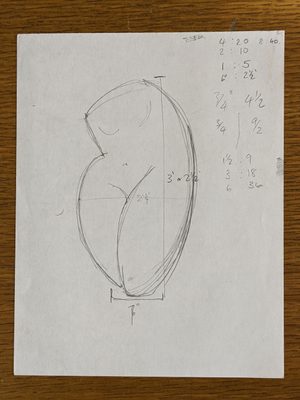 Sketch by Julia Wood of the legs and torso of a female figure, stylised to be composed of a few simple curves. It is covered with numbers, probably pertaining to the size of a planned sculpture.