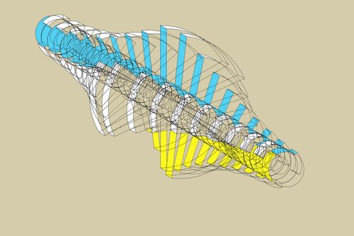 Line drawing for a suspended, rotating sculpture, with a central cylinder and shell-like oval bulge in the middle.