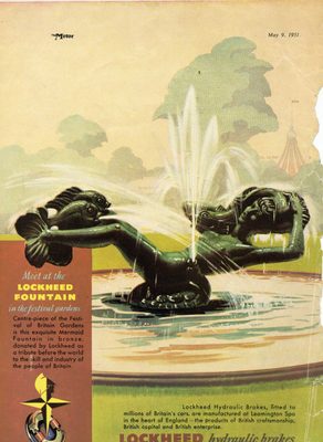 Illustrated advert for Lockheed Hydraulic Brakes, with a painted reproduction of the 'Lockheed Fountain' - a mermaid reclining on a turtle, which is spraying water upwards. Fish are at her feet and in her arms, also spraying water.