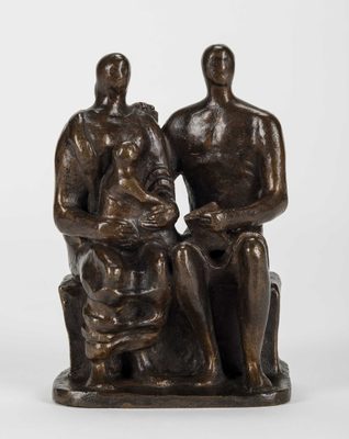 A bronze sculpture by Henry Moore of a mother, father and child sat together on a bench.