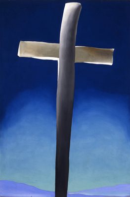 Painting of a grey cross on a blue background by Georgia O'Keefe.