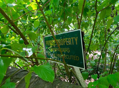 An overgrown sign, reading 'Private Property - Trespassers will be prosecuted'.