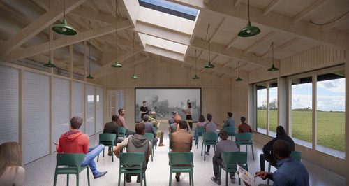 Architectural concept of a bright and airy workshop space, with chairs in rows sat facing a presentation on a large screen.