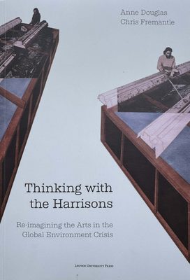 Cover of the book Thinking with the Harrisons by Anne Douglas and Chris Fremantle. The cover image features two men, rendered in miniature, working at architectural drawings on large metallic desks.